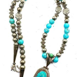 Mexico Turquoise and Silver Beaded Necklace 24” Sterling 925